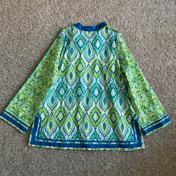 NicoBlu Womens 1X Tunic Top Green & Blue Ikat Print Long Sleeve - Picture 5 of 14